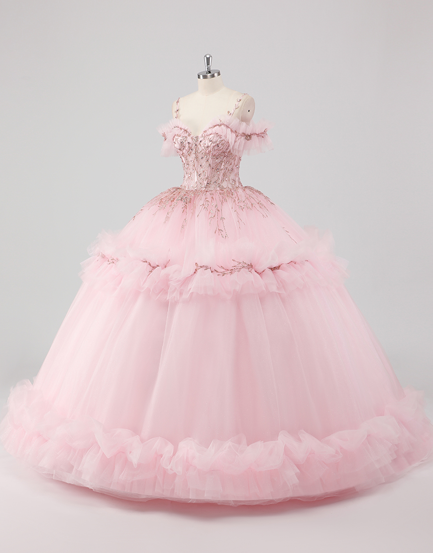 Princess Blush Ball Gown Cold Shoulder Ruffles Tulle Quinceanera Dress with Sequined Embroidery