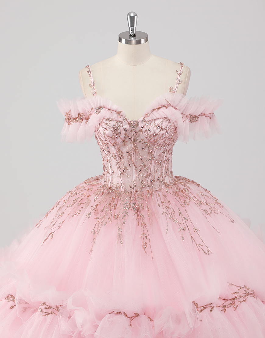 Princess Blush Ball Gown Cold Shoulder Ruffles Tulle Quinceanera Dress with Sequined Embroidery