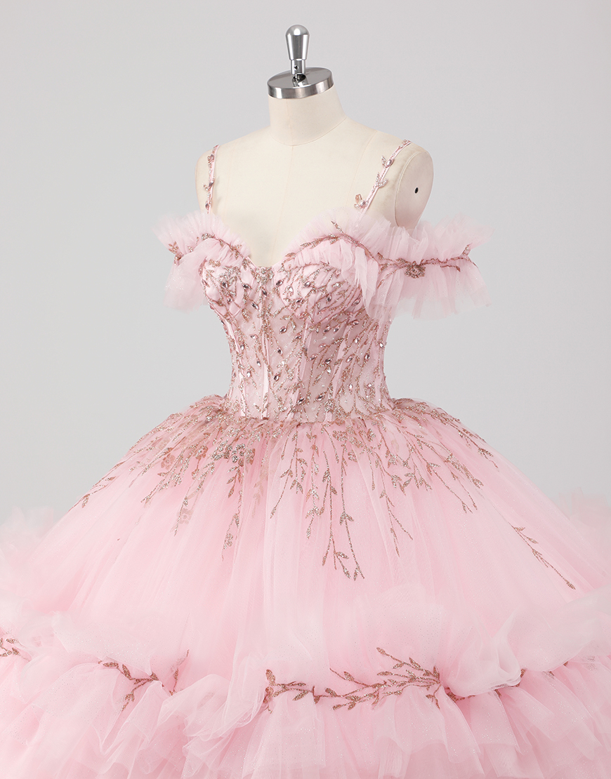 Princess Blush Ball Gown Cold Shoulder Ruffles Tulle Quinceanera Dress with Sequined Embroidery