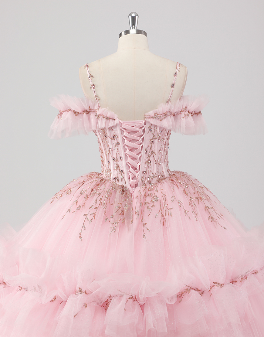 Princess Blush Ball Gown Cold Shoulder Ruffles Tulle Quinceanera Dress with Sequined Embroidery