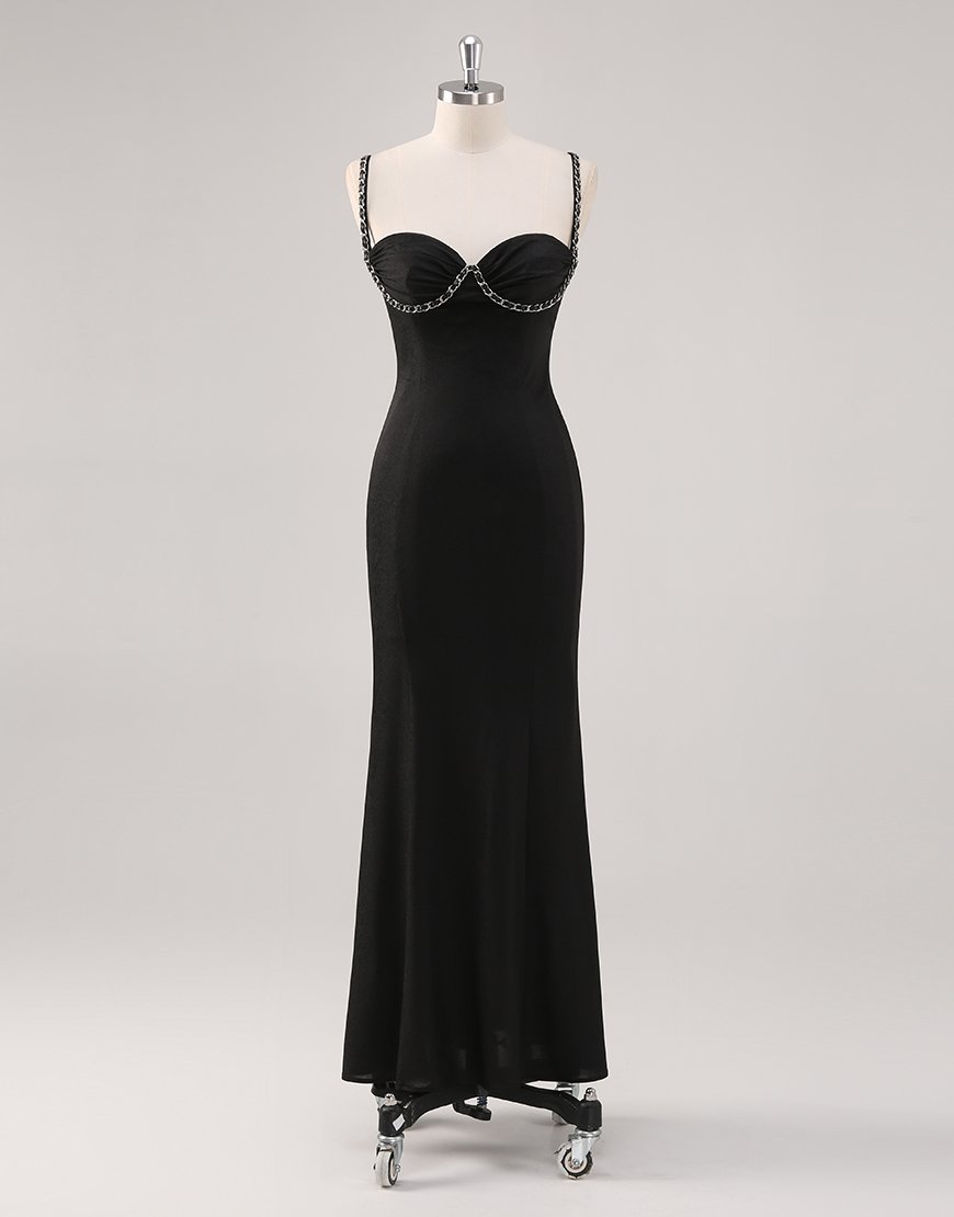 Black Sheath Spaghetti Straps Satin Ankle Length Formal Dress