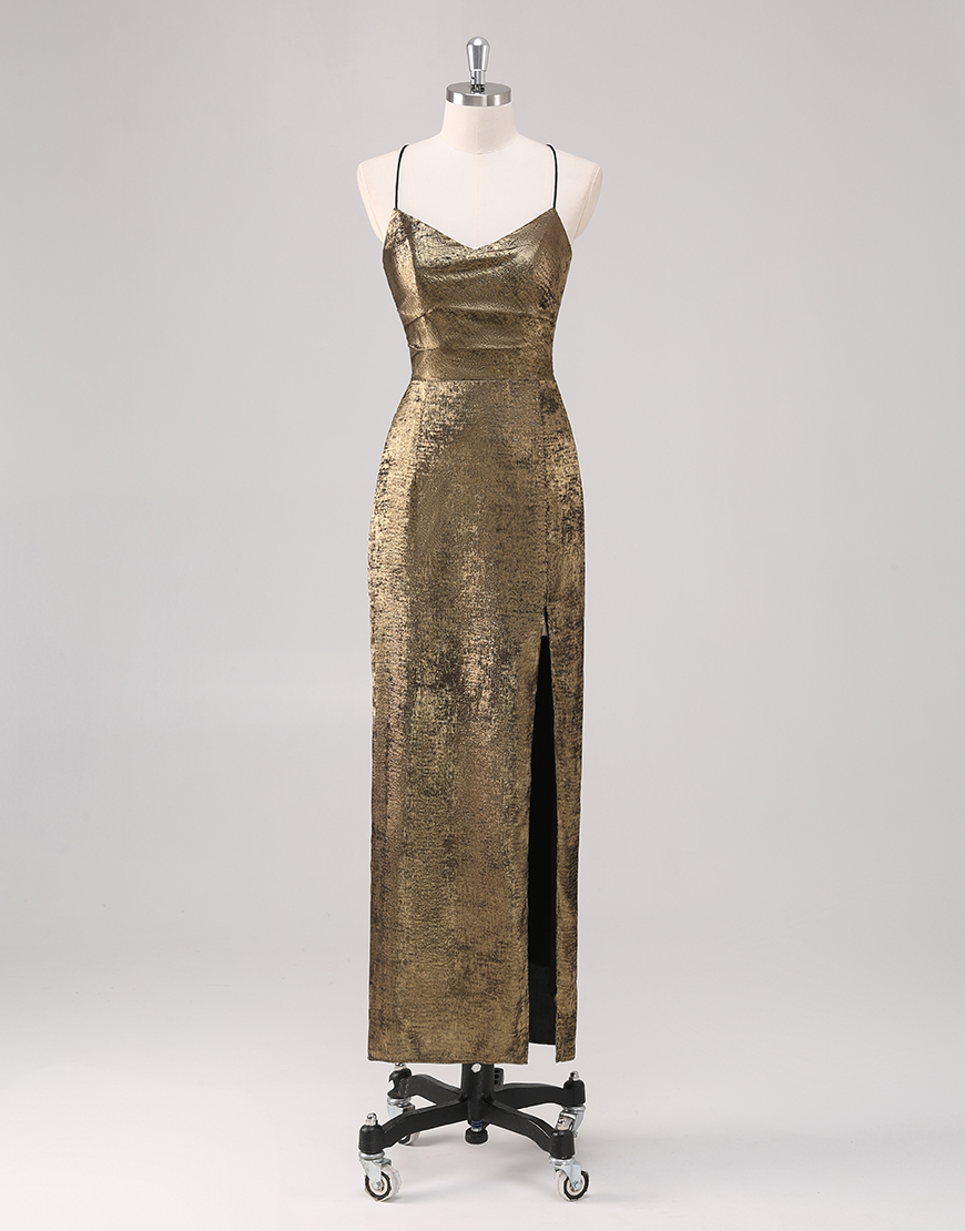 Sparkly Black Golden Sheath Spaghetti Straps Long Formal Dress With Slit