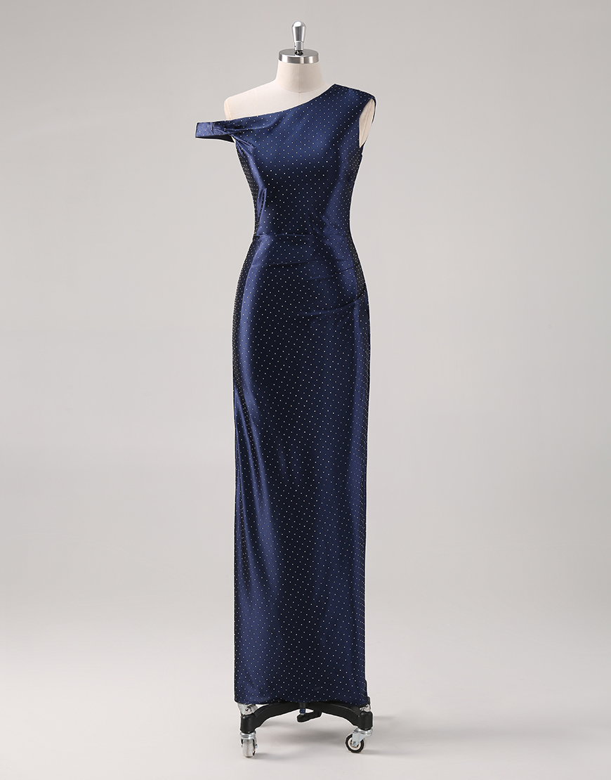Sparkly Navy Sheath Asymmetrical Neck Long Formal Dress With Sequin