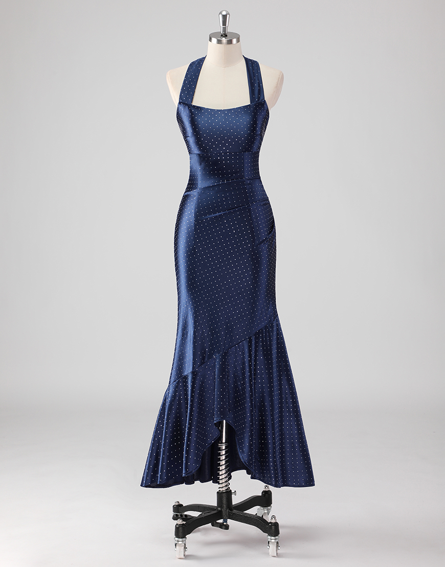 Navy Mermaid Halter Tie Neck Polka Dots Ruffle Long Formal Dress