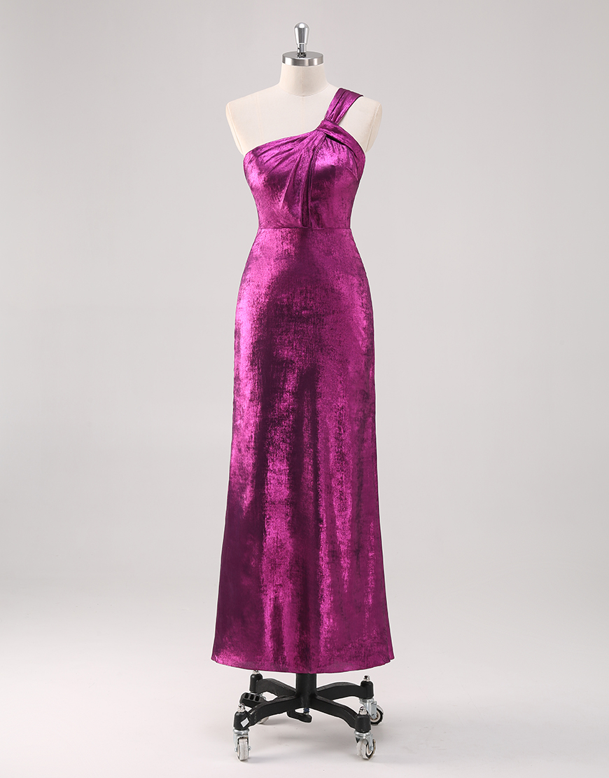 Elegant Fuchsia Sheath Asymmetrical Neck Long Satin Formal Dress 