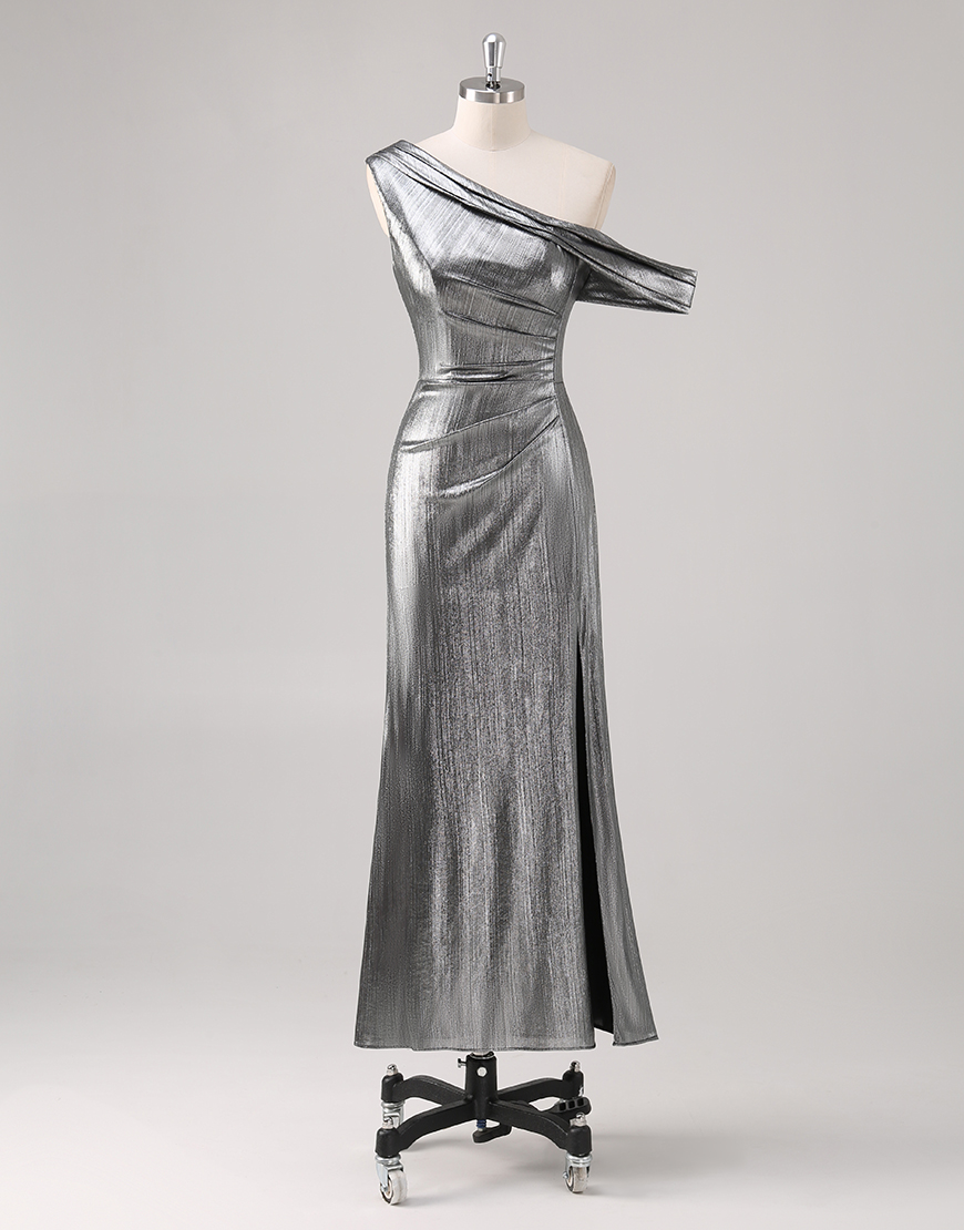 Sparkly Silver Black Sheath Asymmetrical Neck Long Metallic Formal Dress 