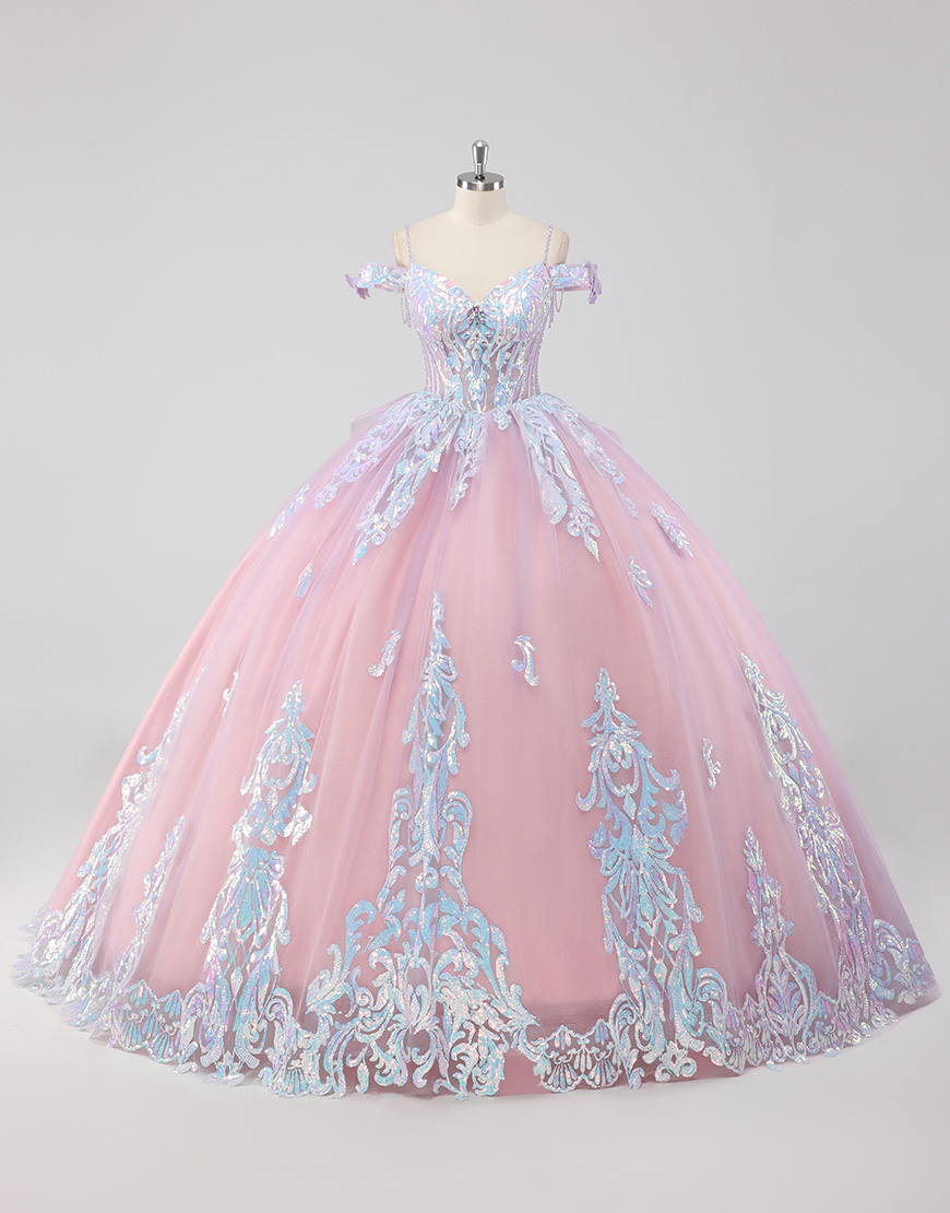 Princess Blush Pink Off the Shoulder Tulle Quinceanera Dress with Sequined Appliques