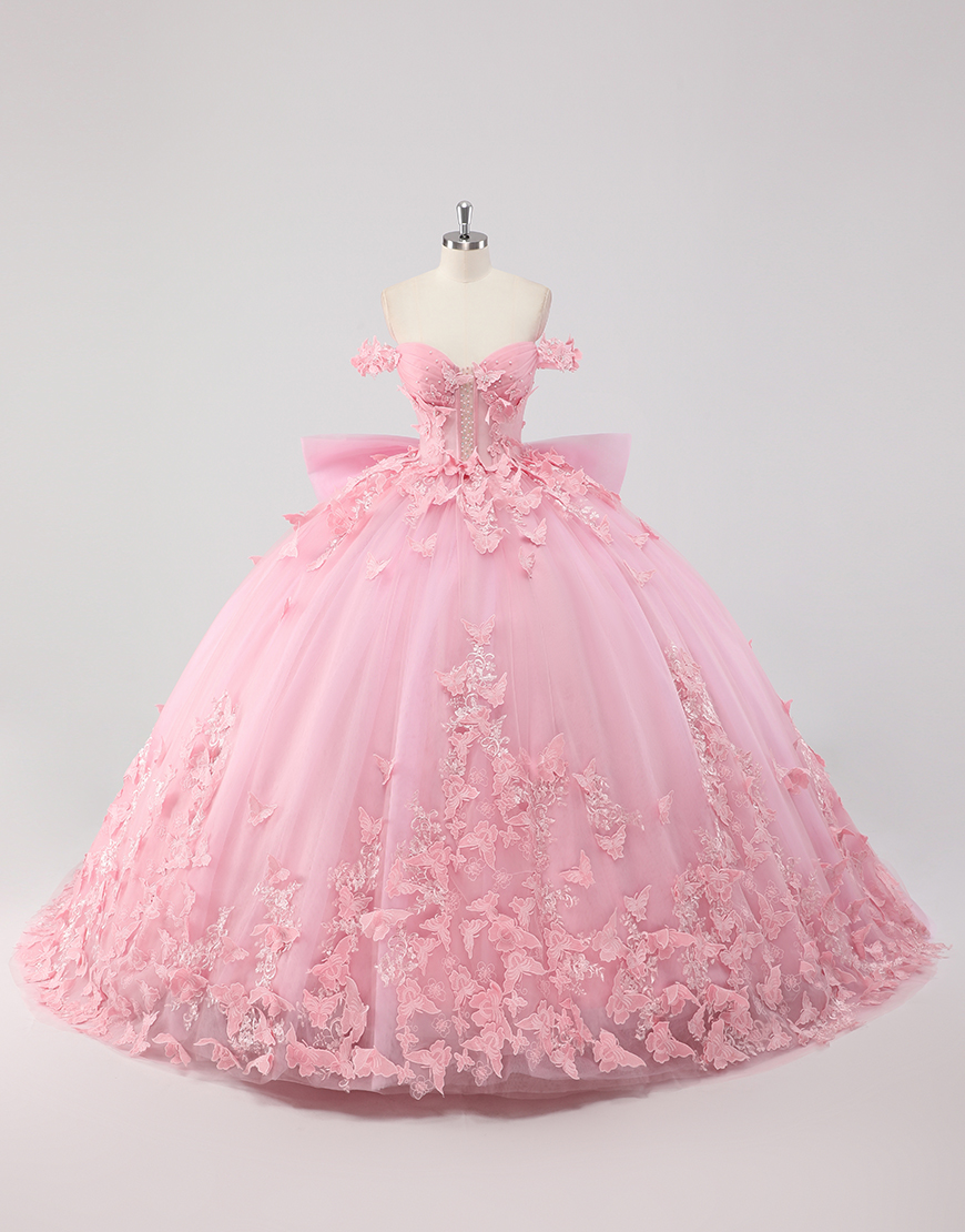 Princess Blush Pink Off the Shoulder Ball Gown Pearl Butterfly Tulle Quinceanera Dress with Bow