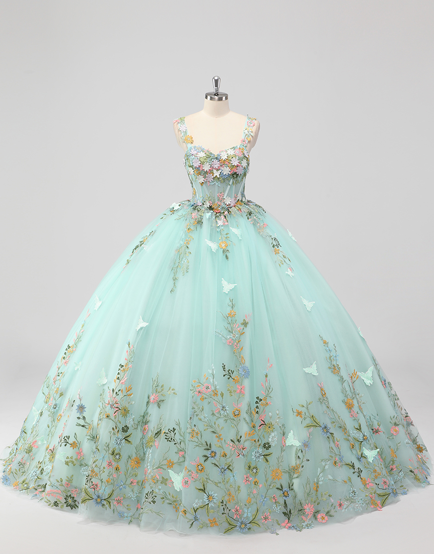 Princess Mint Ball Gown Tulle Quinceanera Dress with Flower Appliques