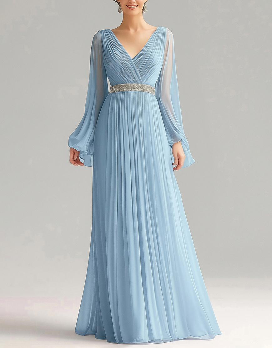 Sky Blue A Line V Neck Pleated Formal Dress with Long Sleeves