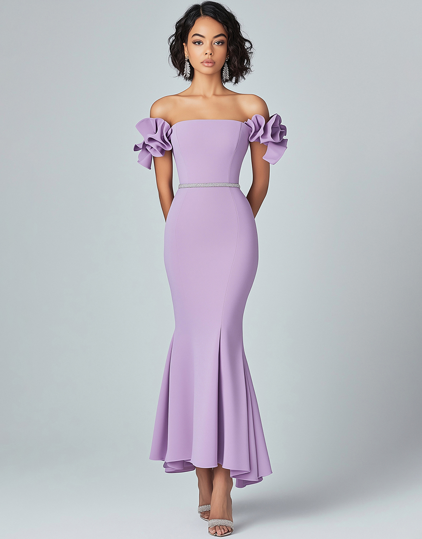 Lilac Mermaid Off the Shoulder Ruffled Long Formal Dress with Beading