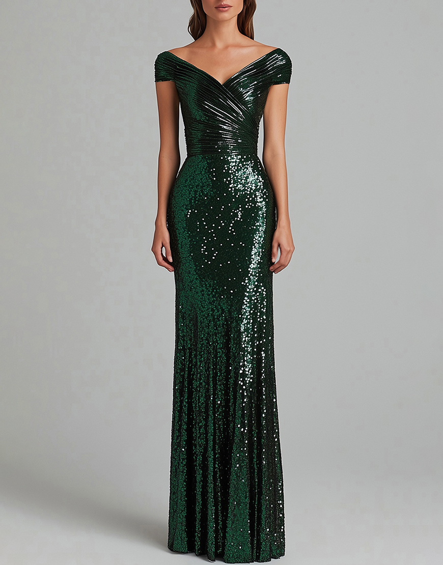 Sparkly Dark Green Sequin Sheath Boat Neck Long Formal Dress