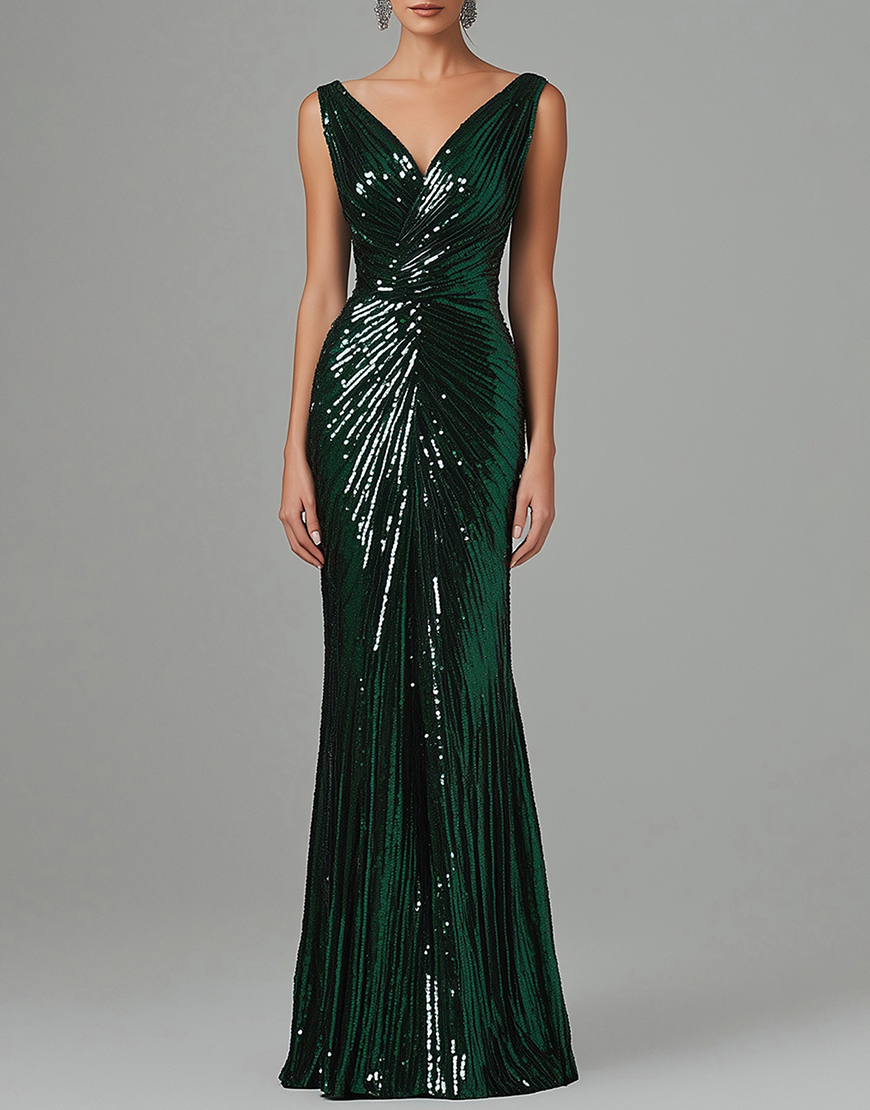 Sparkly Dark Green V-Neck Sheath Sequins Long Formal Dress