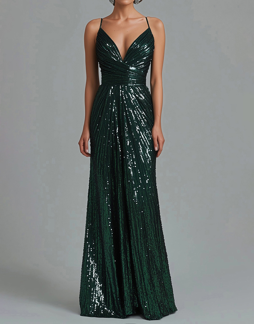 Sparkly Dark Green Spaghetti Straps Sheath Sequins Long Formal Dress