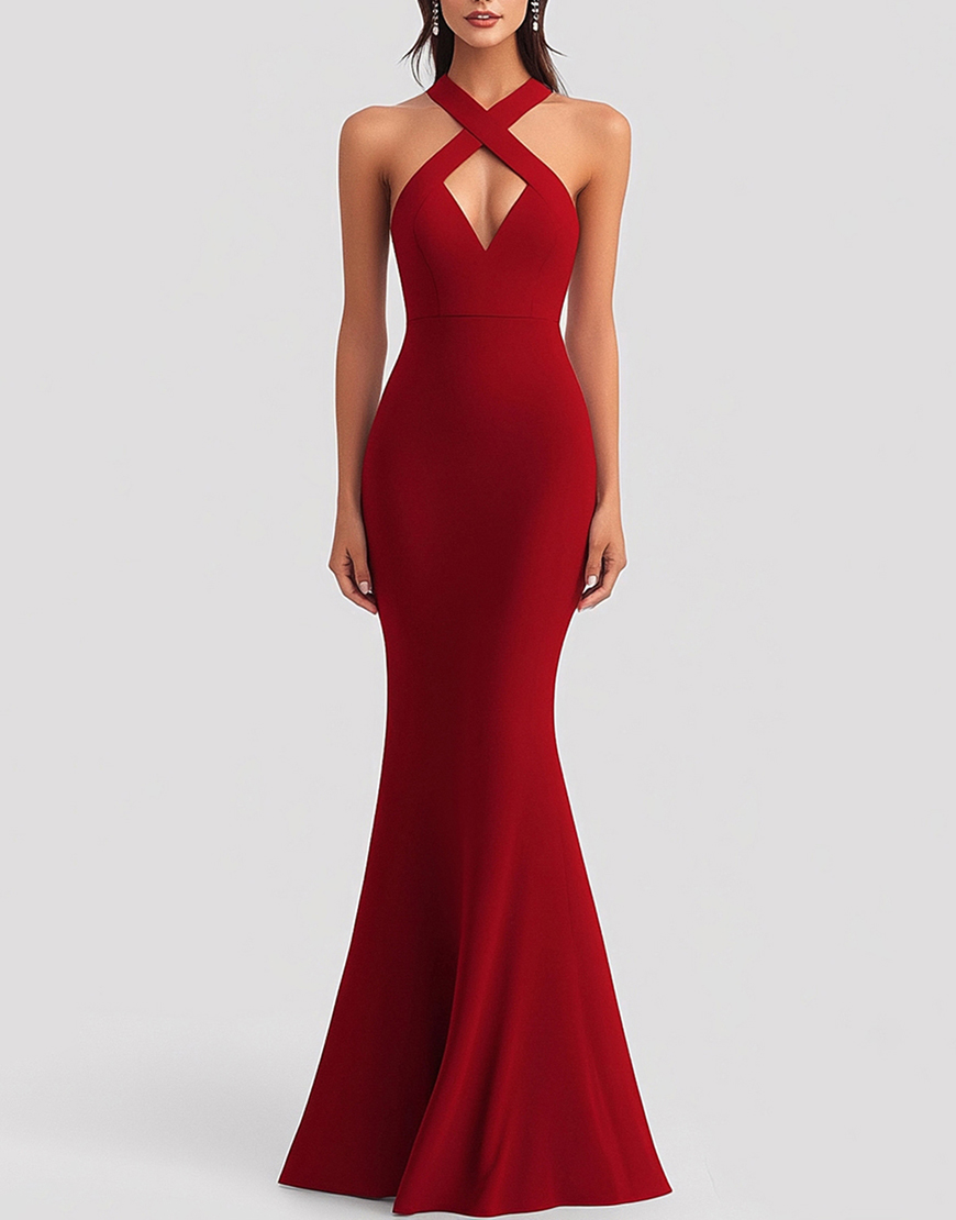 Sexy Red Mermaid Halter Keyhole Satin Long Formal Dress