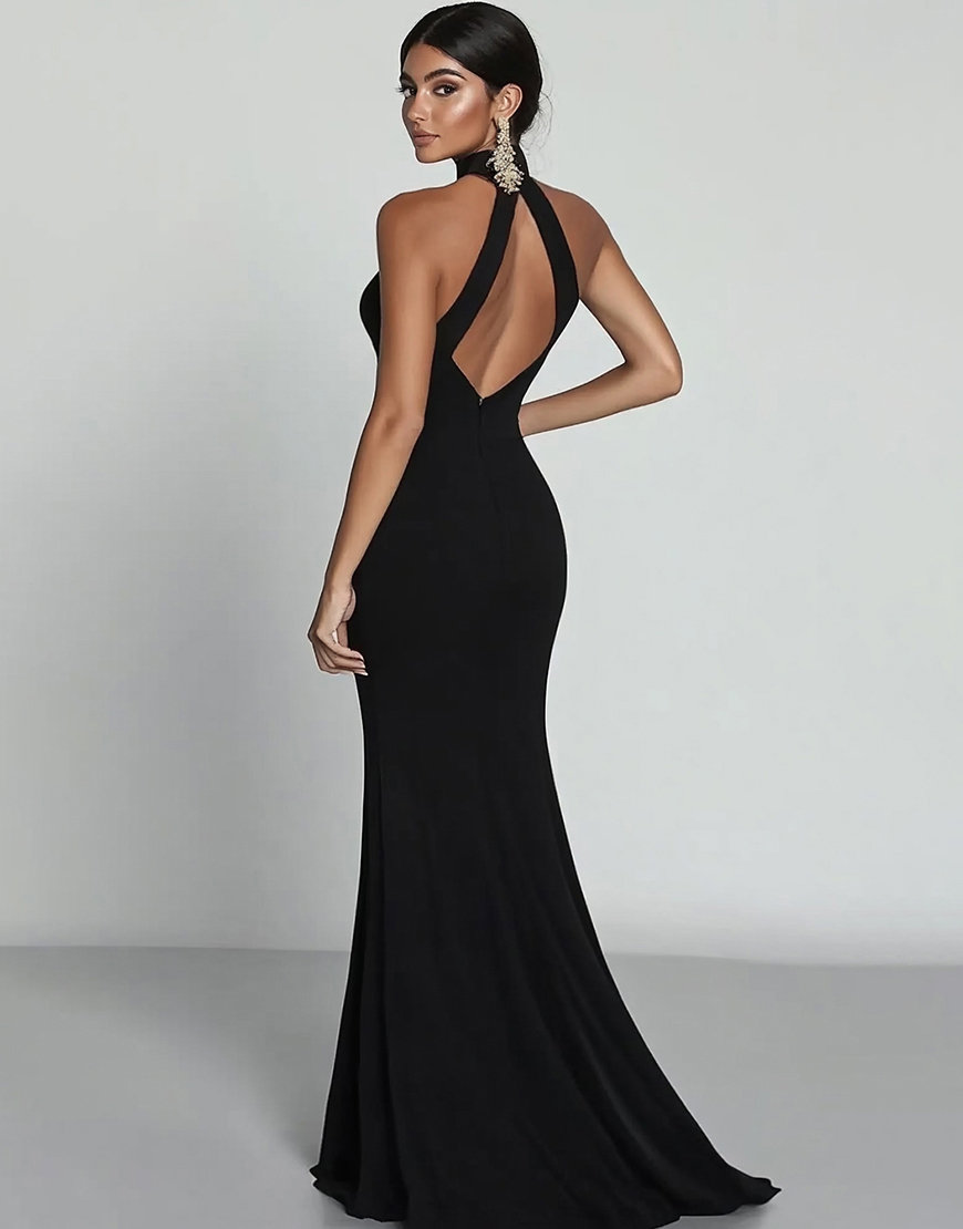 Black Mermaid High Neck Hollow Out Satin Long Formal Dress with Slit