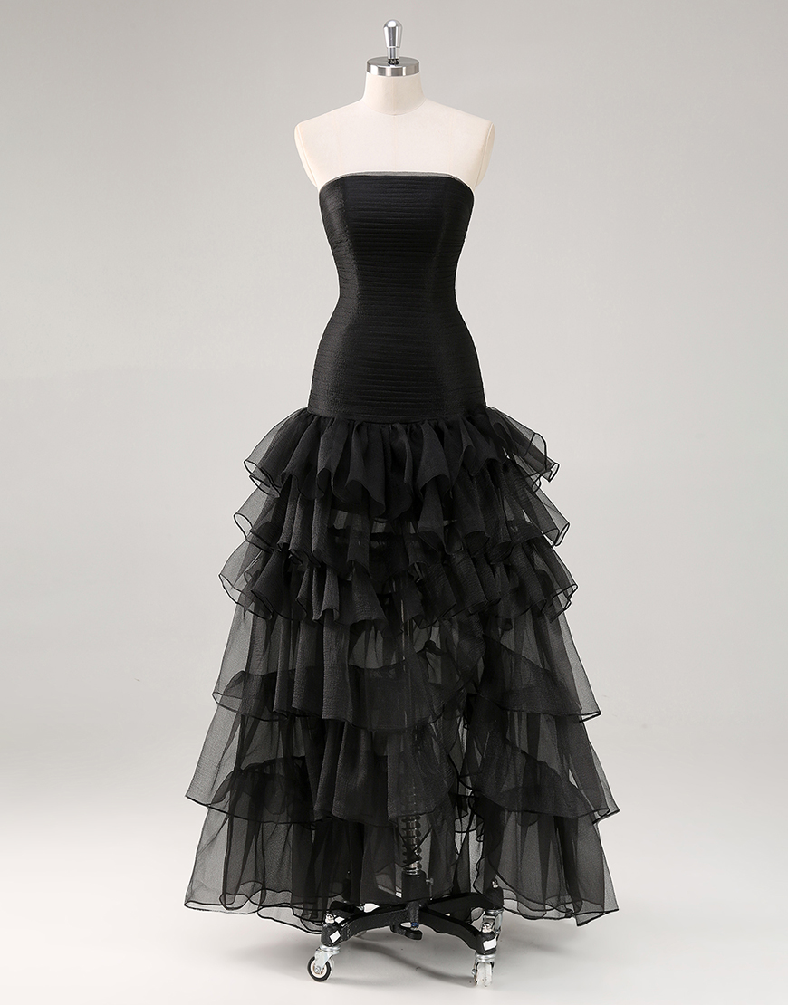 Black Sheath Strapless Ruched Ruffles Asymmetrical Long Formal Dress