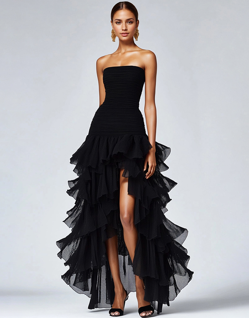 Black Sheath Strapless Ruched Ruffles Asymmetrical Long Formal Dress