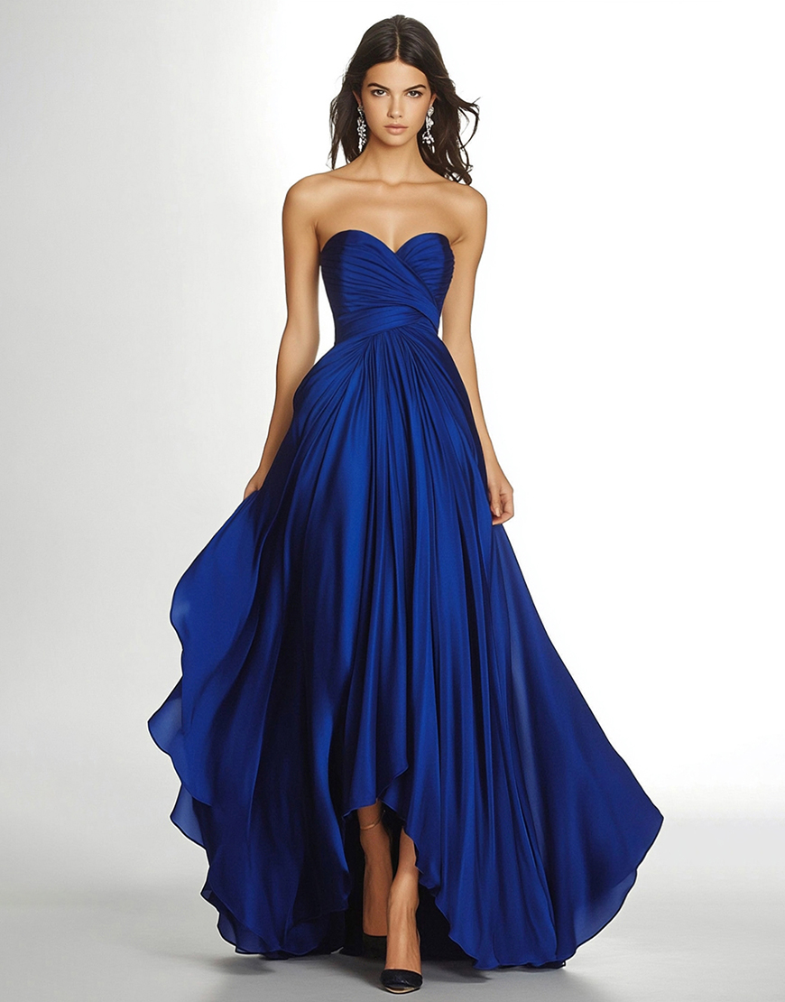 Royal Blue Strapless A-Line Pleating Long Formal Dress