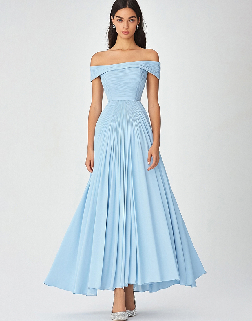 Sky Blue Off the Shoulder A Line Pleating Long Formal Dress