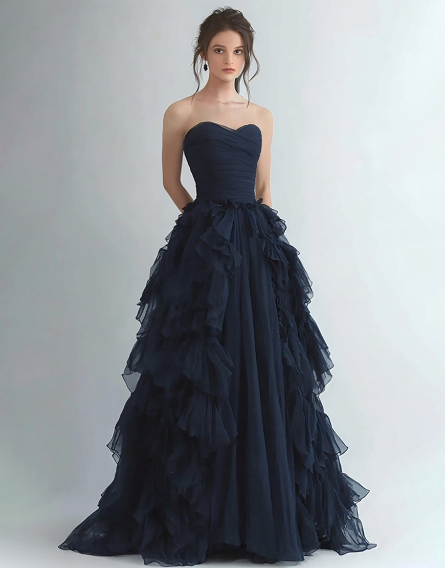 Navy A-Line Strapless Ruffles Tulle Long Formal Dress