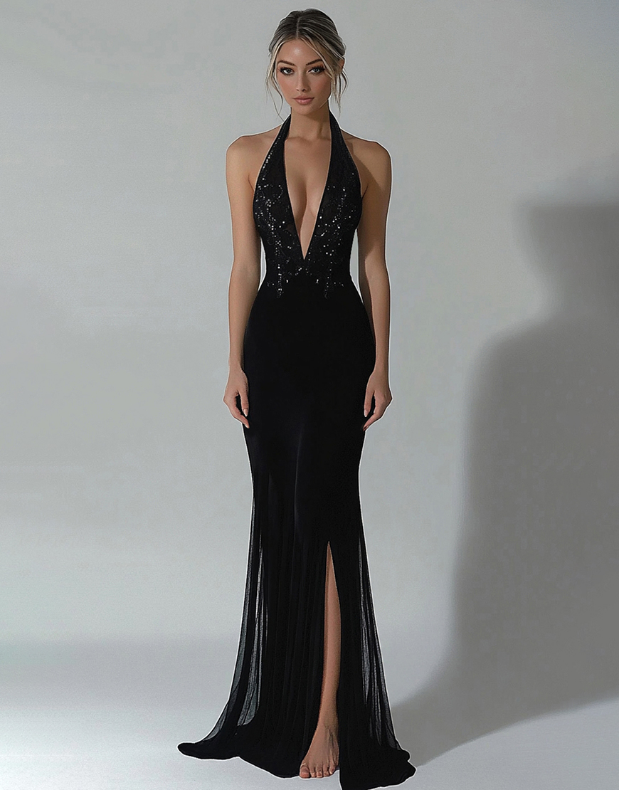 Sparkly Black Sheath Halter Long Formal Dress with Sequined