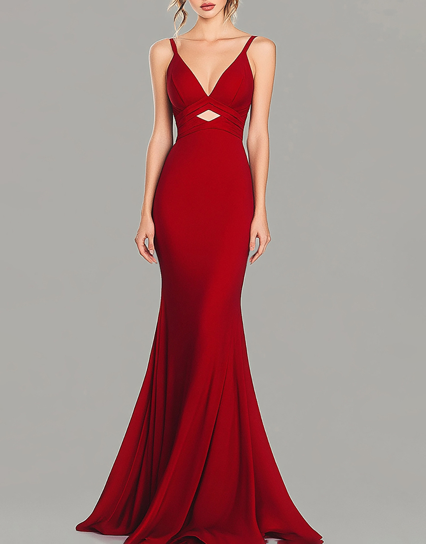 Red Mermaid Spaghetti Straps Satin Long Formal Dress with Hollow Out