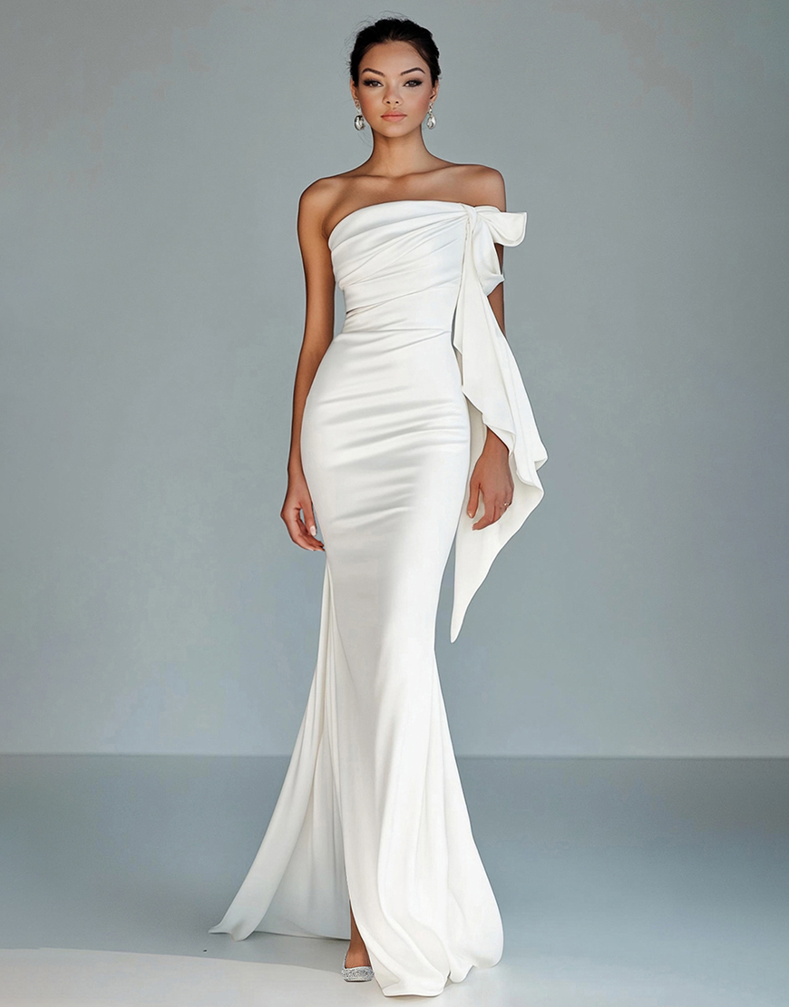 White Strapless Mermaid Satin Long Formal Dress with Slit