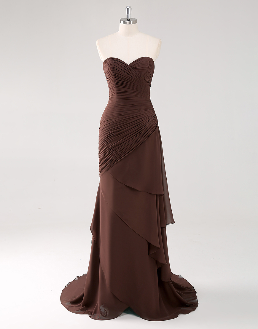 Dark Brown Sweetheart Sheath Chiffon Tiered Long Formal Dress