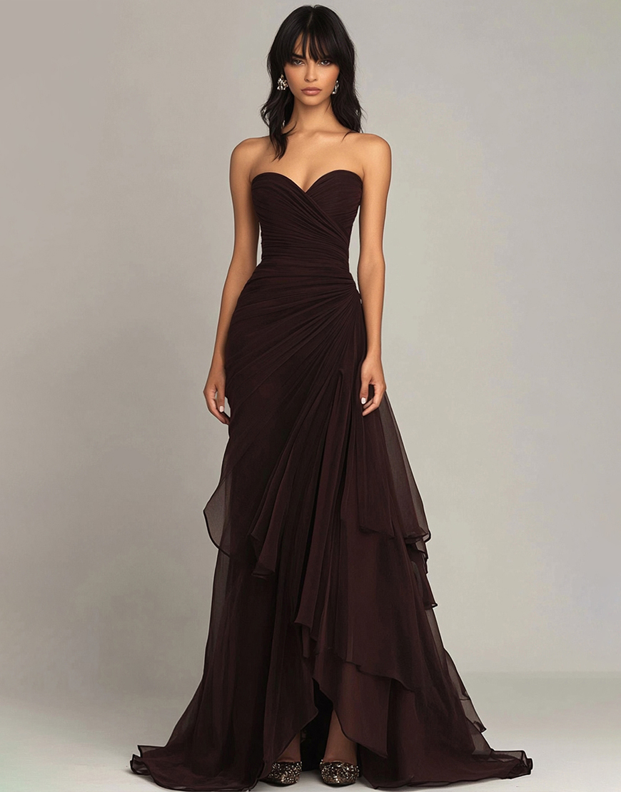 Dark Brown Sweetheart Sheath Chiffon Tiered Long Formal Dress