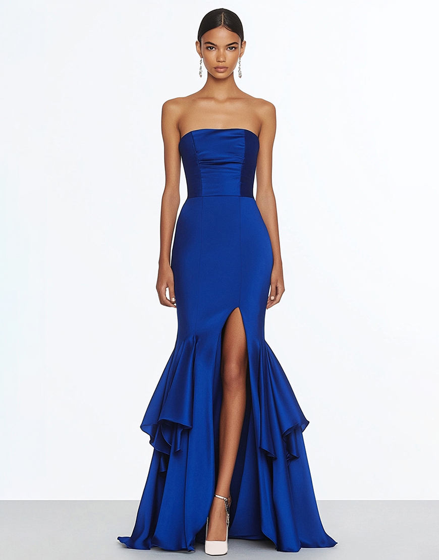 Royal Blue Strapless Mermaid Ruffles Satin Long Formal Dress with Slit