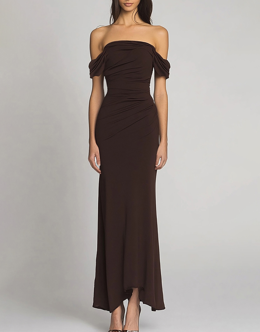 Dark Brown Off the Shoulder Sheath Ruched Long Formal Dress