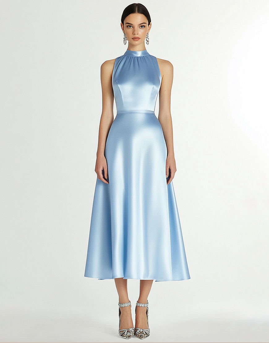 Blue High Neck A Line Sleeveless Satin Long Formal Dress