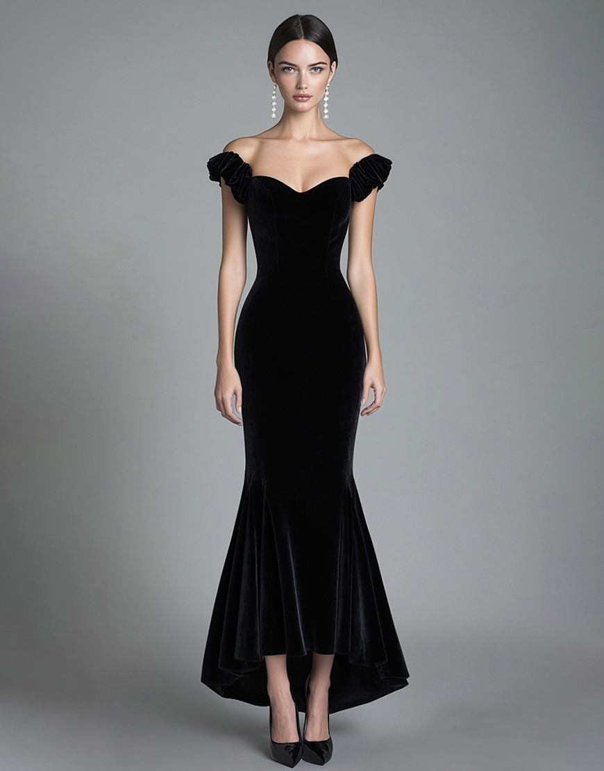 Black Off the Shoulder Mermaid Velvet Long Formal Dress