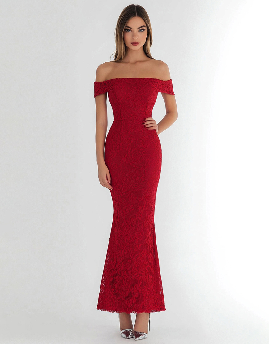 Elegant Red Lace Off the Shoulder Mermaid Long Formal Dress