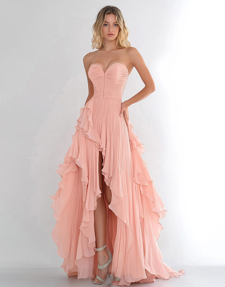Pink A-Line Strapless Ruffles Chiffon Long Formal Dress with Slit
