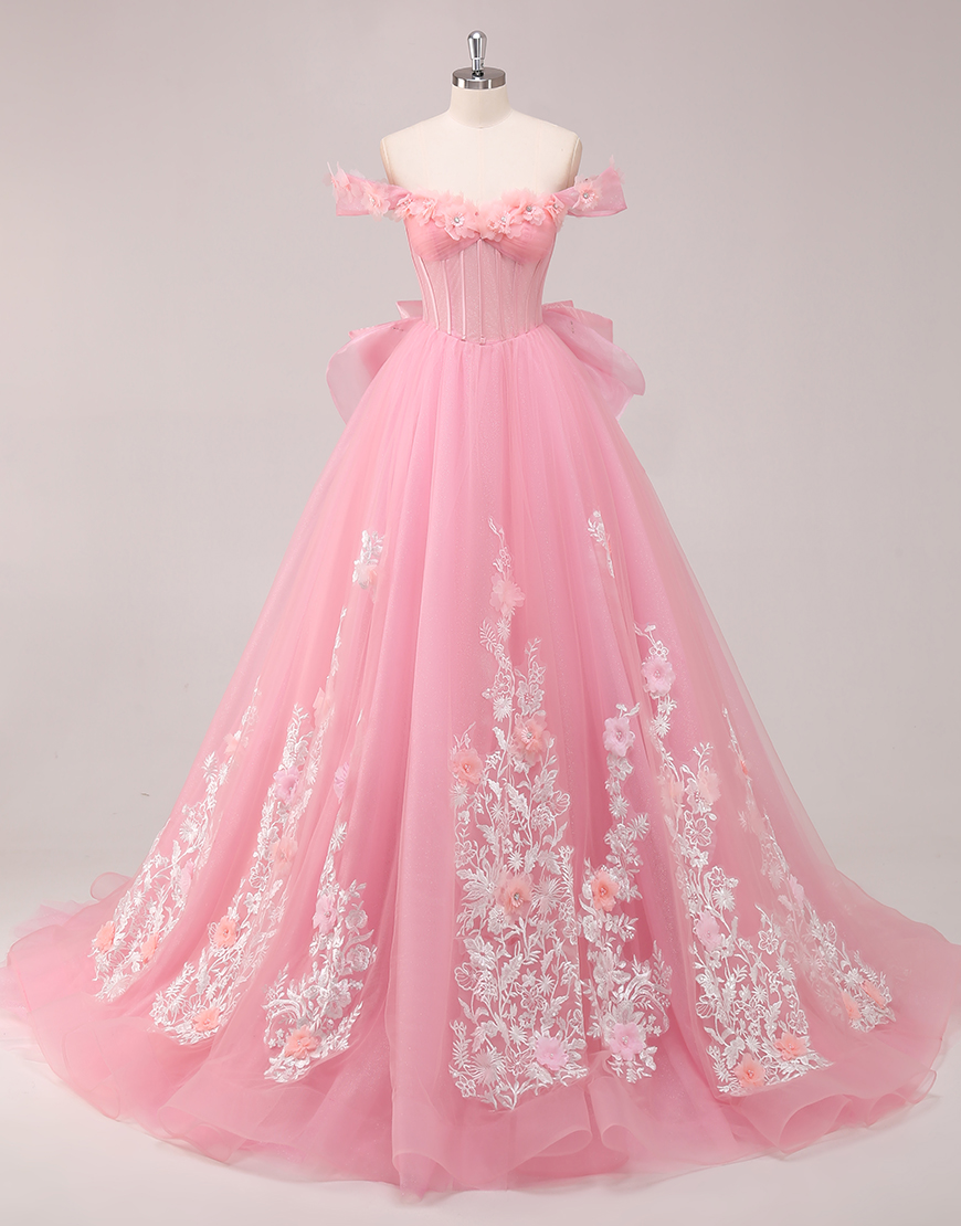 Princess Pink Ball Gown Off the Shoulder Flowers Quinceanera Dress with Bow