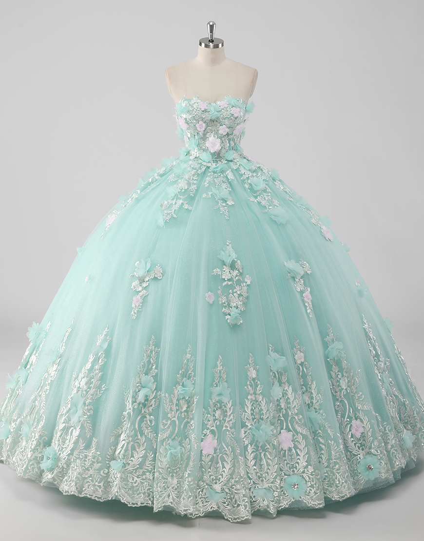 Princess Mint Ball Gown Strapless Tulle Quinceanera Dress with 3D Flower Appliques