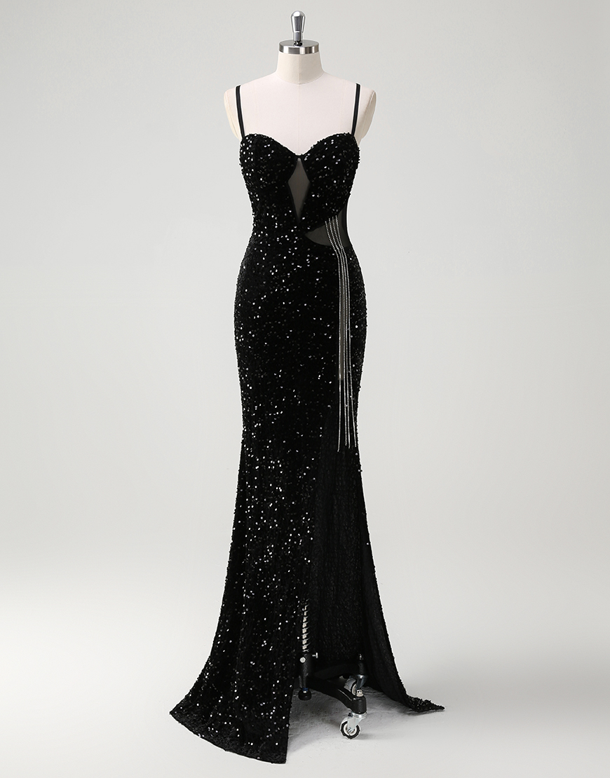 Sparkly Black Mermaid Spaghetti Straps Sequins Tassels Long Prom Dress with Slit
