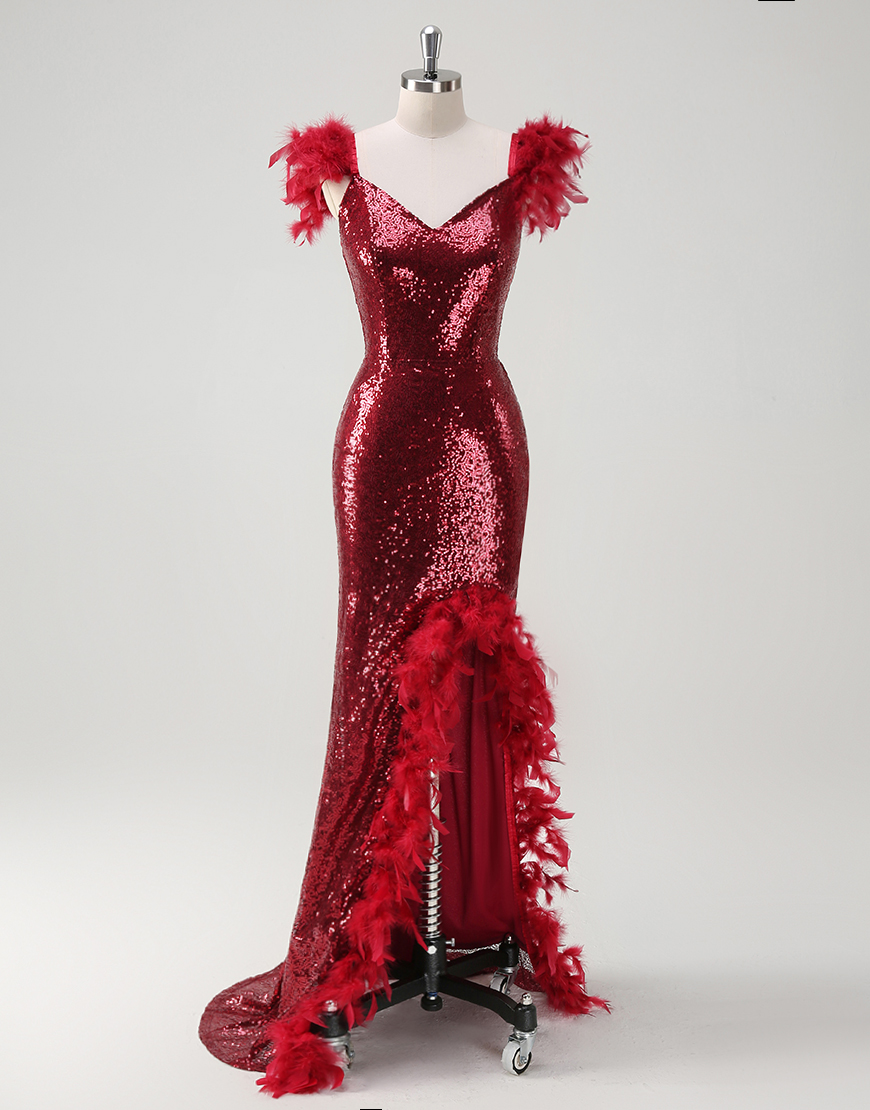 Sparkly Burgundy Mermaid Feathered Sequins Open Back Long Prom Dress with Slit