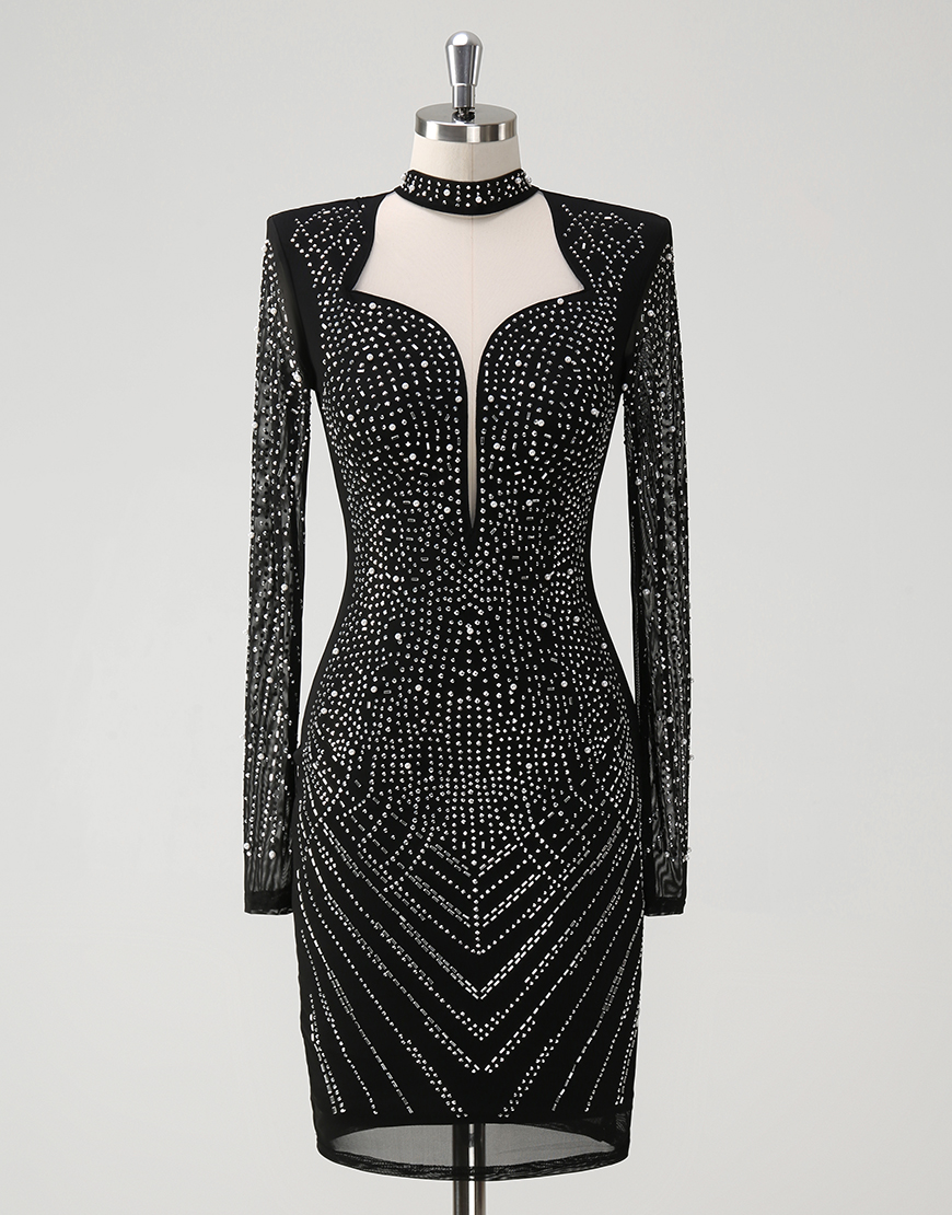 Sparky Black Tight Beaded Long Sleeves Short Prom Dress