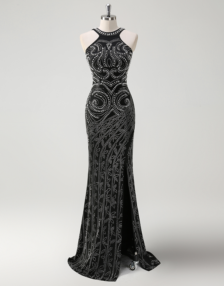 Sparkly Black Mermaid Halter Beaded Embroidery Long Prom Dress with Slit