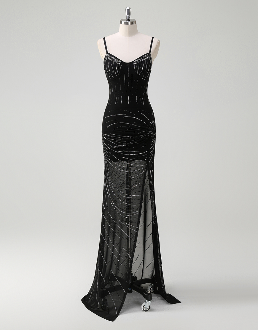 Sparkly Black Mermaid Spaghetti Straps Beading Long Prom Dress with Slit