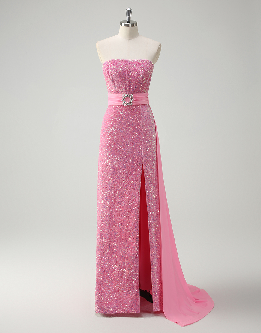 Sparkly Pink Mermaid Strapless Sequins Long Prom Dress with Belt