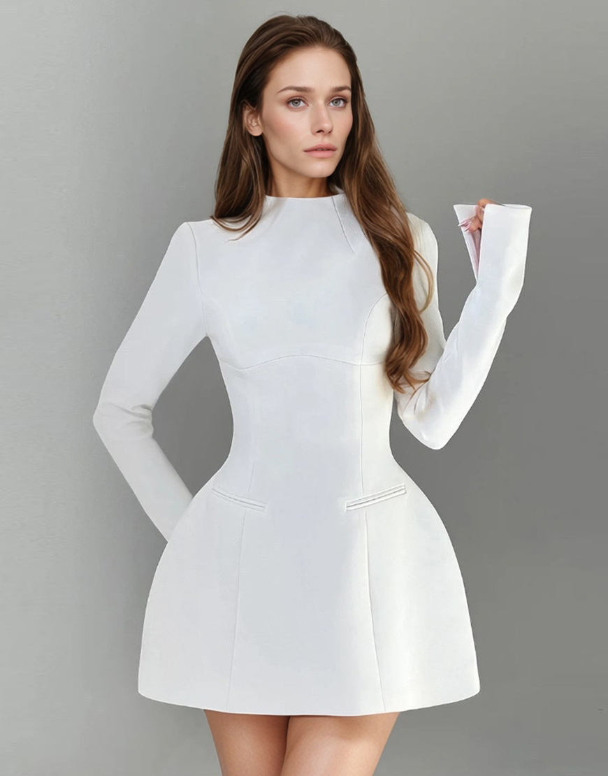 A-Line High Neck Long Sleeves Little White Graduation Dress