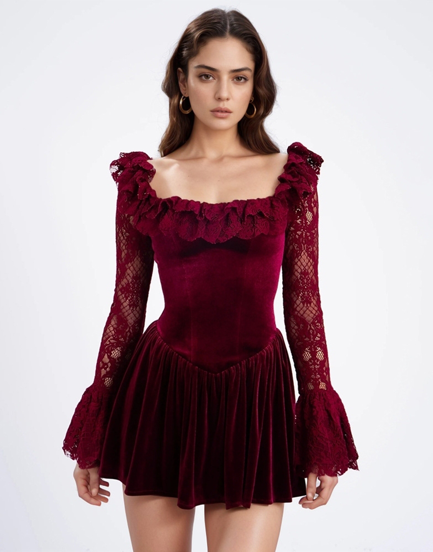 Burgundy A-Line Ruffle Lace Long Bell Sleeves Velvet Mini Graduation Dress