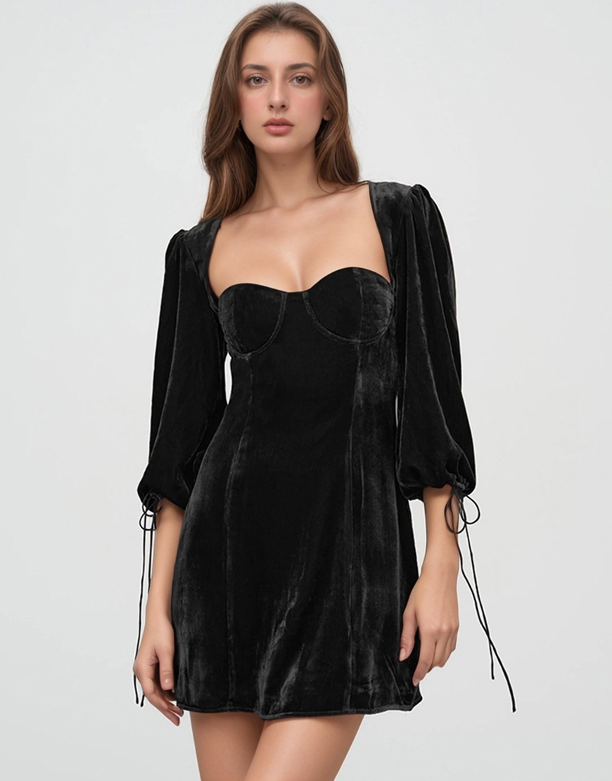 Black Sheath Long Sleeves Velvet Short Graduation Dress