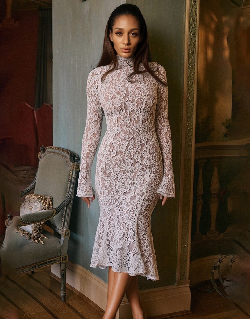 Sexy Bodycon High Neck Long Sleeves Lace Tea Length Little White Graduation Dress