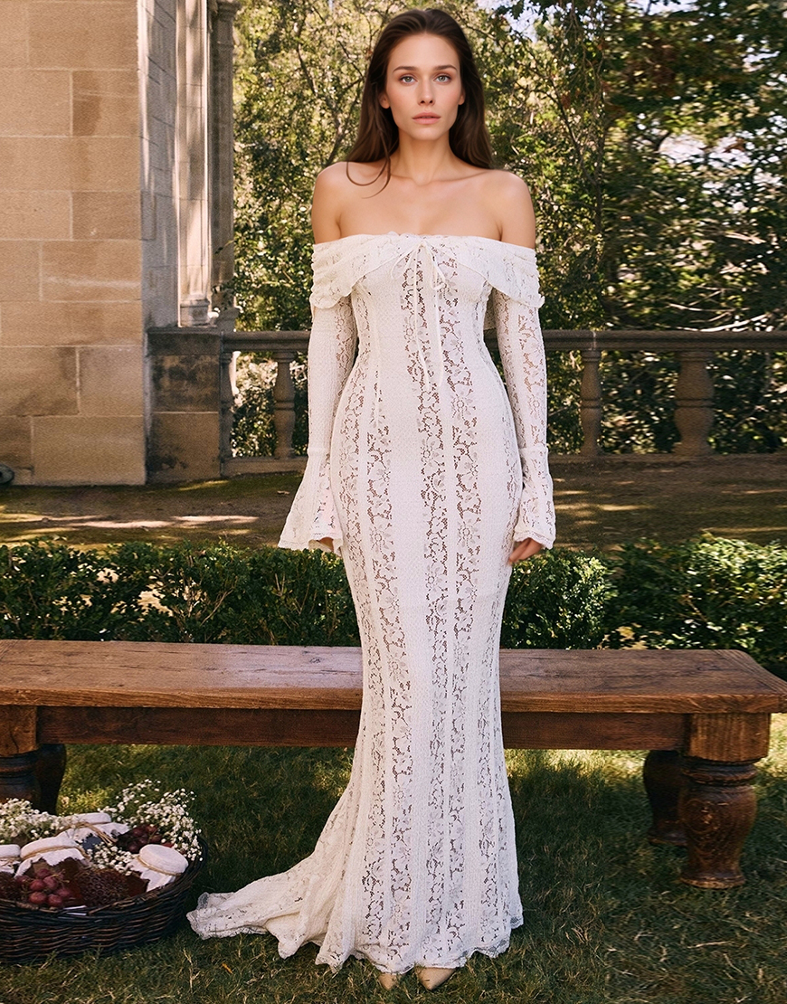 White Mermaid Off the Shoulder Long Sleeves Lace Long Graduation Dress