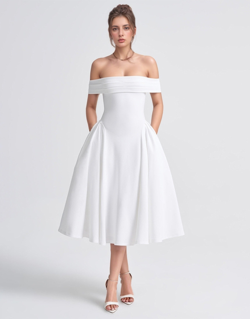 Simple White A-Line Off the Shoulder Tea Length Little White Graduation Dress
